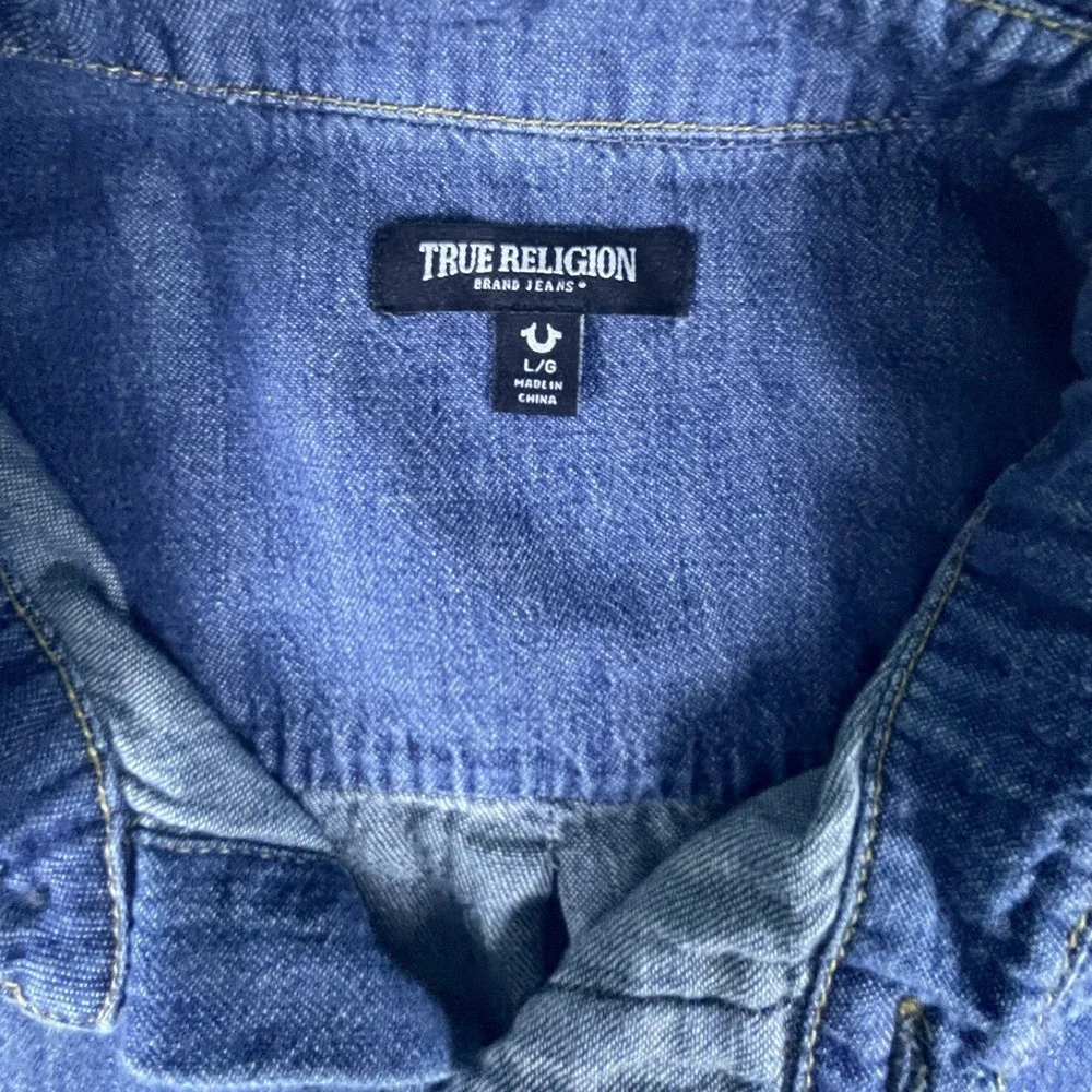 True Religion Denim Shirt Mens L Blue Chambray Shirt Western Horseshoe Pockets